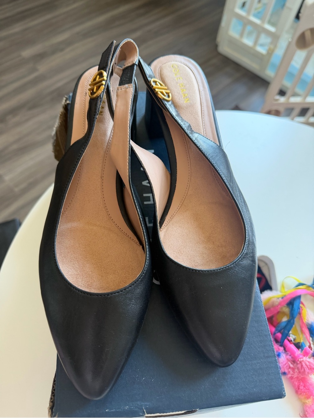 Cole Haan Black Leather Slingback Flats with Gold Logo